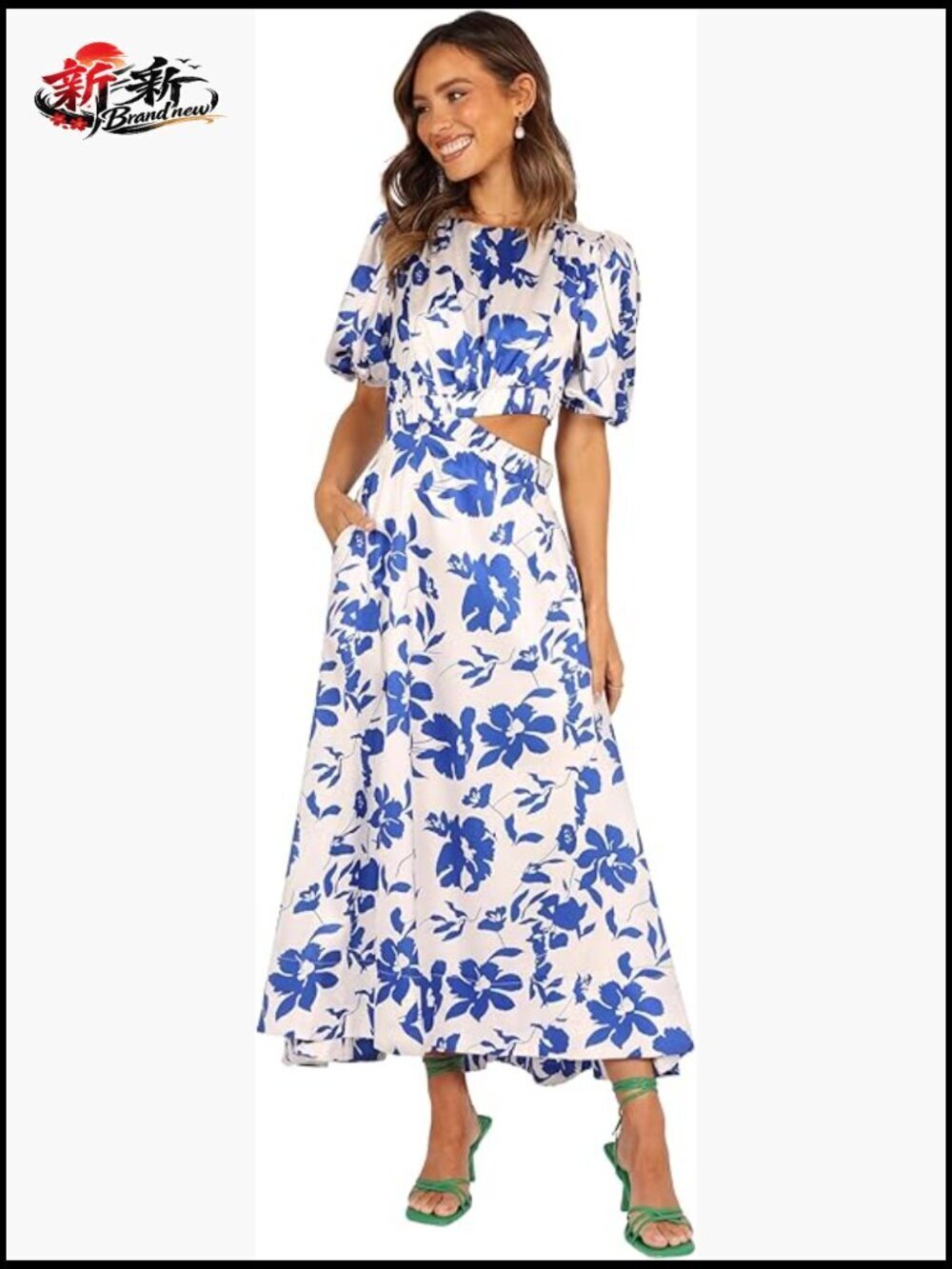 Polyester Maxi Dress with Puff Sleeves and Pockets